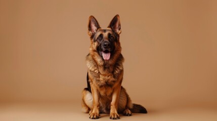 Friendly german shepherd dog sitting happily in a studio with a neutral background during a photoshoot highlighting its unique features and playful demeanor