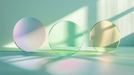 Glass round discs, transparent disc, round flat panels with refraction , highlights, sun rays, sunlight, geometric , 3D, illustration,  horizontal wallpaper, green