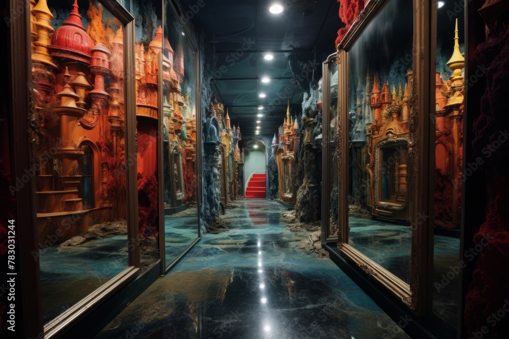 Poster a surreal reflection of a surreal scene in a distorted funhouse mirror