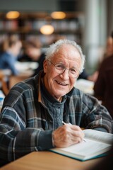 Smiling older man studying in university library