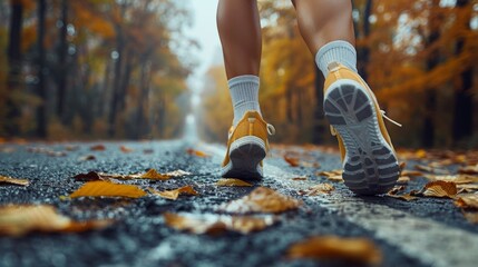 A person wearing yellow and white sneakers walking on a road with leaves, AI