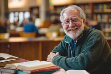 Smiling older man studying in university library