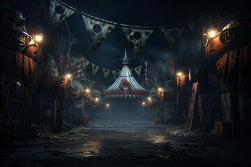 Mysterious carnival tent in a dimly lit alleyway