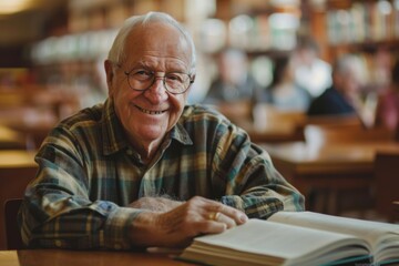 Smiling older man reading a book in the library