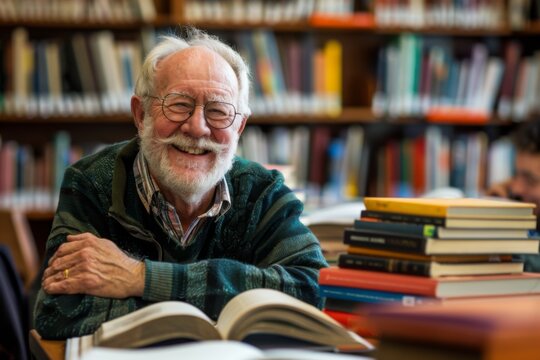 Smiling older man reading a book in the library