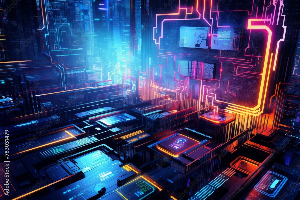 Poster abstract cyberpunk design with neon lights and intricate digital circuitry