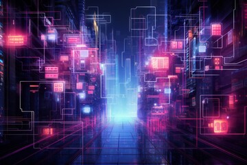 Abstract cyberpunk backdrop incorporating neon lights and digital circuits