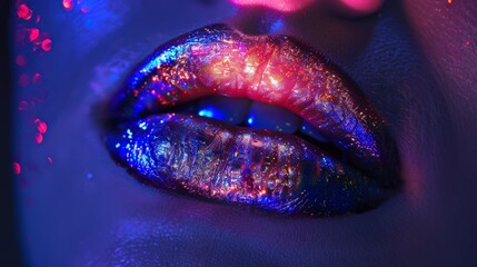 close up of a lips blue and red lighting 