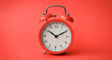 Coral old alarm clock on red background concept - obrazy, fototapety, plakaty