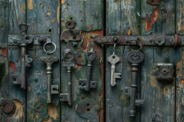 Old rusty keys on a wooden door,  Background texture, close up