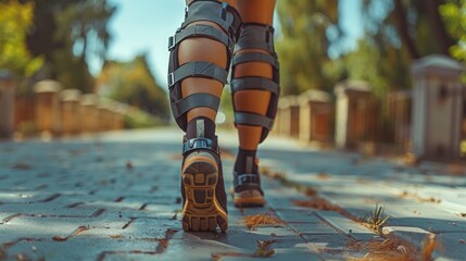 A person walking on a brick walkway with knee pads and leg braces, AI