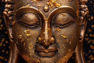 Buddha golden statue close up on dark background