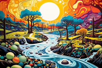An artistic representation of a watershed in vibrant colors, symbolizing the interconnectedness of land, water, and the importance of monitoring - obrazy, fototapety, plakaty