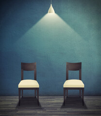 Illustration, empty room and interrogation with light on chair for legal, justice or questions on...