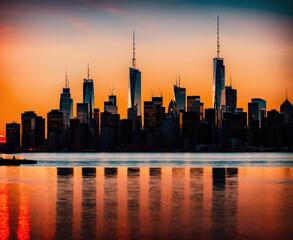 Obraz premium A city skyline at sunset, with tall skyscrapers reflected in the water.