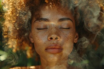 Woman with eyes closed and smoke emitting from her hair, creating a mesmerizing and surreal atmosphere