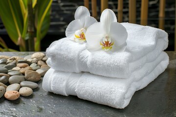 Fototapeta na wymiar White towels with orchid flowers on a black background, Spa still life