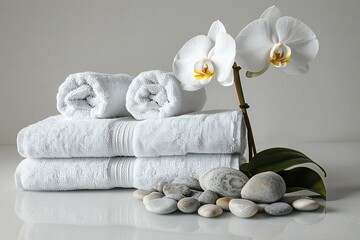 Spa still life with towels and orchid flower on white background