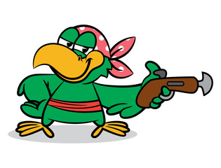 Funny Green Parrot cartoon characters wearing bandana and get ready to shoot with Pirate's flintlock pistol. Best for sticker, logo, and mascot with halloween themes
