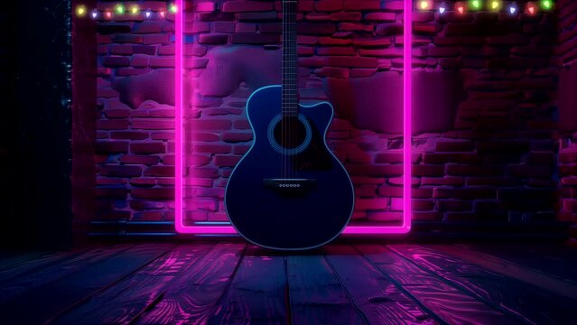 World music day concept, acoustic guitar with colorful neon lighting. seamless looping 4k time-lapse animation video background