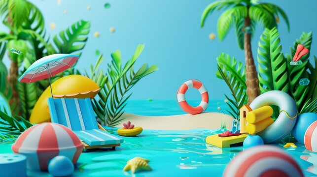 Summer beach fun in 3D. Tropical plants, aquatic exercise machines, and weather elements on blue background.