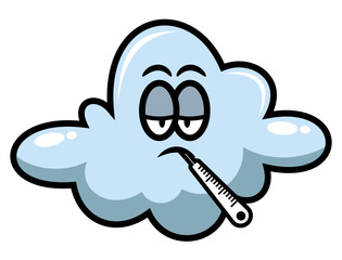 Cute Cloud cartoon characters has a cold and using thermometer to measuring body temperature. Best for sticker, logo, and mascot with seasonal healthcare themes for kids