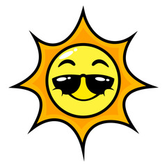 Funny Sun cartoon characters wearing black glasses and smiles. Best for sticker, icon, logo, decoration, and mascot with summer vacation themes for kids