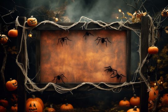 Halloween themed picture frame adorned with spooky decorations