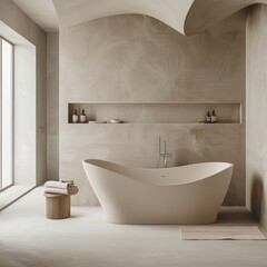 A bathroom with a white bathtub and a wooden stool