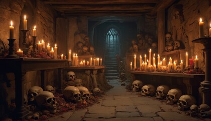 A hauntingly serene catacomb passage, adorned with flickering candles and human skulls, creating a chilling yet captivating scene perfect for themes of history, horror, and the macabre.. AI Generation
