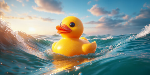 Rubber yellow duck toy on the ocean - obrazy, fototapety, plakaty