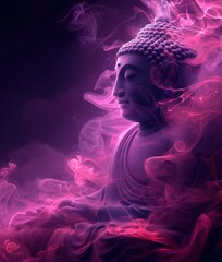 Sitting Buddha with fluorescent neon smoke around background.