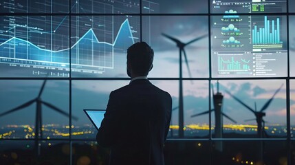 Analyst reviewing carbon credit trading data, with screens displaying greenhouse gas reduction and sustainable investment trends , 8K resolution - obrazy, fototapety, plakaty