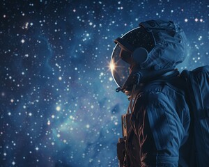 Astronaut in spacesuit against a starry backdrop, portrait highlighting the awe and wonder of space...