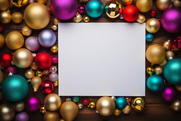 Fototapeta na wymiar Blank sheet of paper surrounded by colorful christmas ornaments