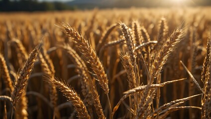 Fototapeta premium A vibrant field of golden wheat swaying gently under the summer sun, ripe for harvest Generative AI
