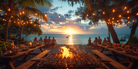 sunset on the beach, A image of friends and family gathered for a summer cookout, with a grill...