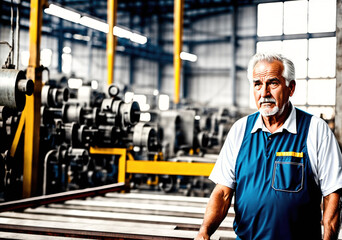 An older man standing in a factory, looking at something on a table in front of him.