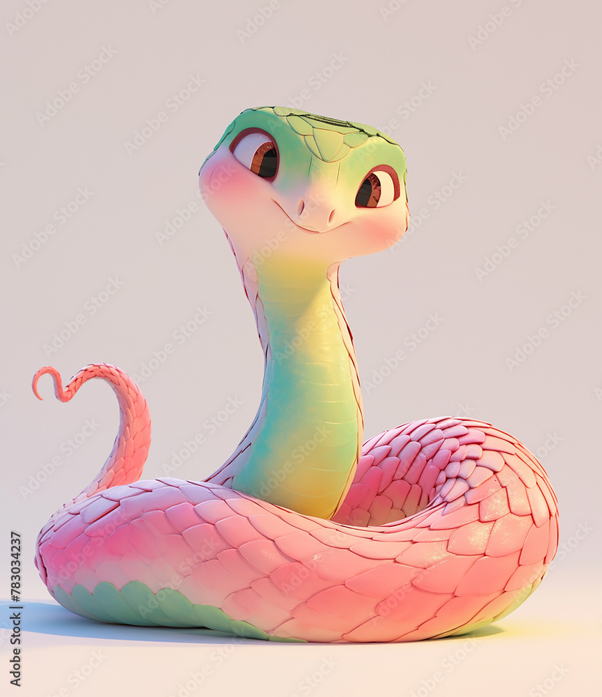 Poster 2025 A 3D cute cartoonish green and pink snake with big eyes