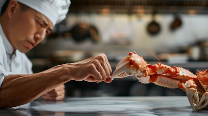 Chef and a crab arm wrestling closeup, kitchen, sharp focus, artificial light ,  isolated background.