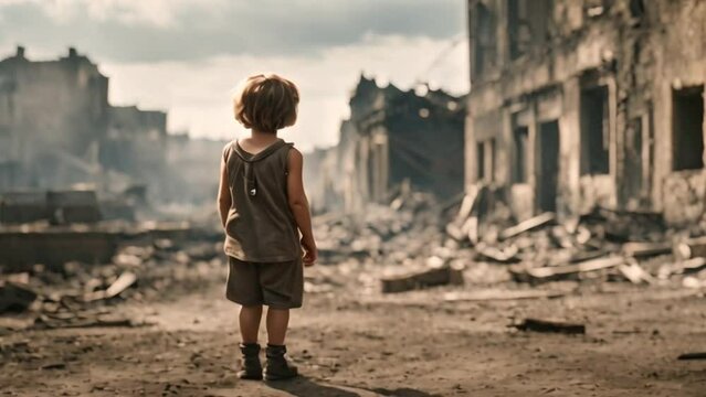 A kid surrounded with destroyed buildings in war zone. Hoping for freedom