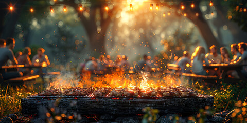 fire in the forest. A image of friends and family gathered for a summer cookout, with a grill sizzling, picnic tables set up, and laughter filling