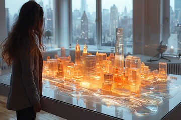 Detailed holographic urban model displayed on a table within a room bathed in natural light, captured in the style of Documentary, Editorial, and Magazine Photography