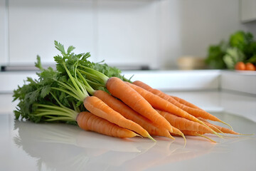 Vibrant organic carrots with lush greens on a pristine kitchen surface, reflecting a healthy culinary lifestyle