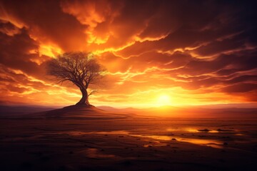 Majestic tree silhouetted against a vibrant sunset on a hill