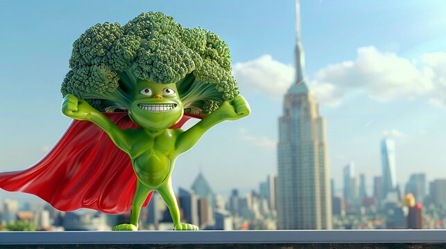 A charismatic broccoli man in 3D, sporting a superhero cape, standing in a dynamic pose on a cityscape background, vivid colors , minimalist