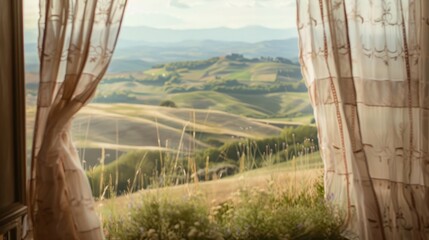 A window with a curtain with a view of rolling hills