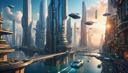 A breathtaking futuristic city with sleek skyscrapers, serene waterways, and advanced flying vehicles basking in the warm glow of a setting sun.. AI Generation