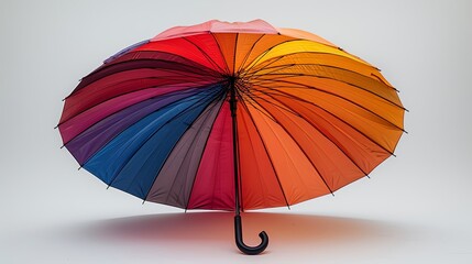 Open rainbowcolored umbrella against a white background, highlighting its vivid and colorful pattern, styled in Documentary, Editorial, and Magazine Photography