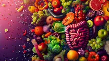 A vibrant depiction of the human digestive system, with an external layer illustrating dietary impacts on health and disease , high resolition